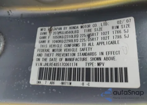 2007 Honda Cr-V Ex из США, поврежденный, VIN JHLRE48517C061174